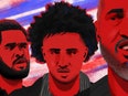 An illustration of the three actors from the new play Hang Time, against a painterly blue, white, and red sky. 