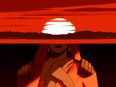 Top panel shows a red sunset, bottom panel is a woman with her hand over her chest and a man's hands on her shoulder