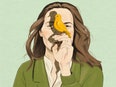 An illustrated portrait of Lorrie Moore. We see her from the shoulder up. She is wearing green, has long brown hair, and is holding a yellow bird in front of her face. 