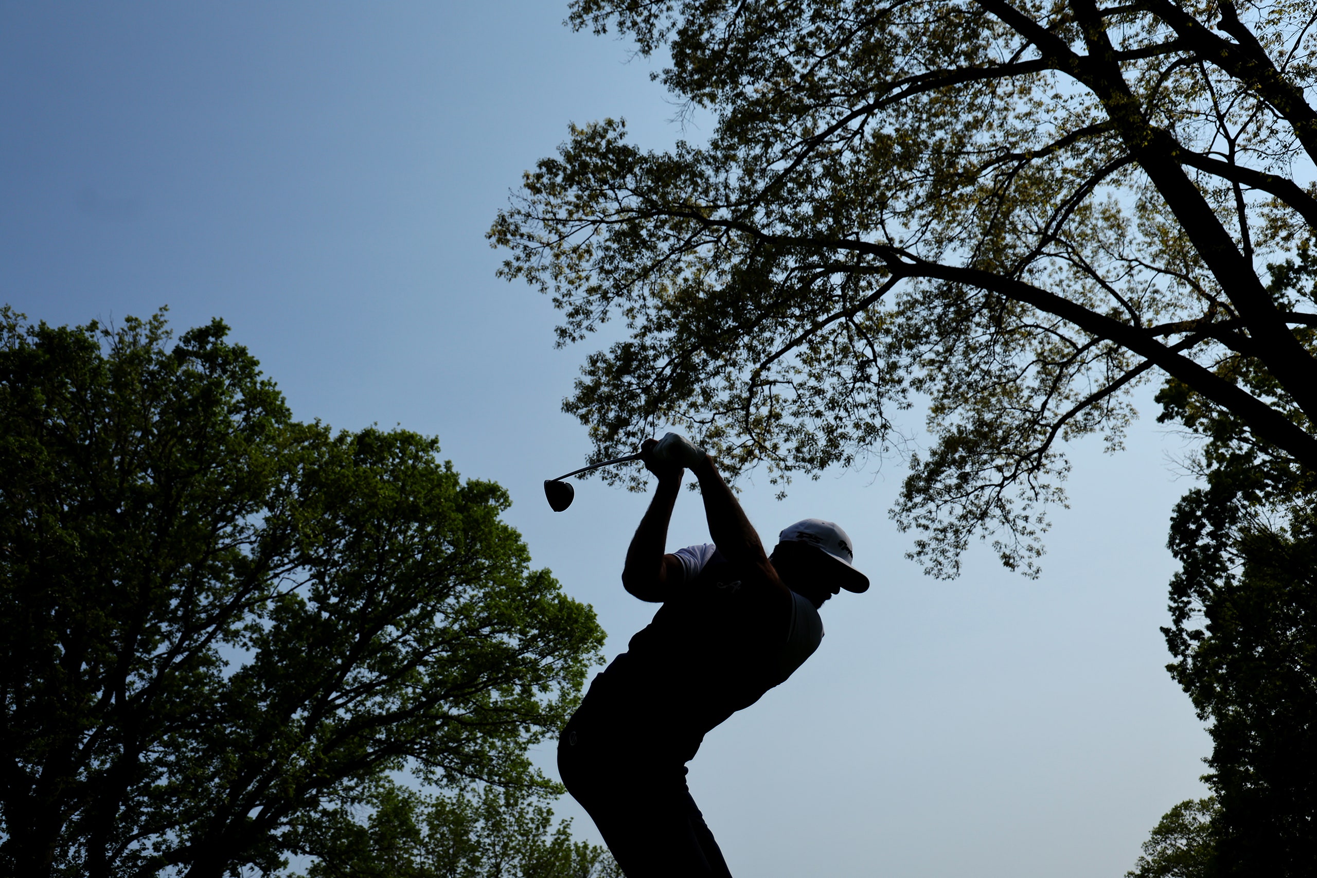 Dustin Johnson swings a golf club below trees