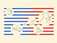 An illustration depicts blue-and-red lines, with outlines of people’s heads interspersed.