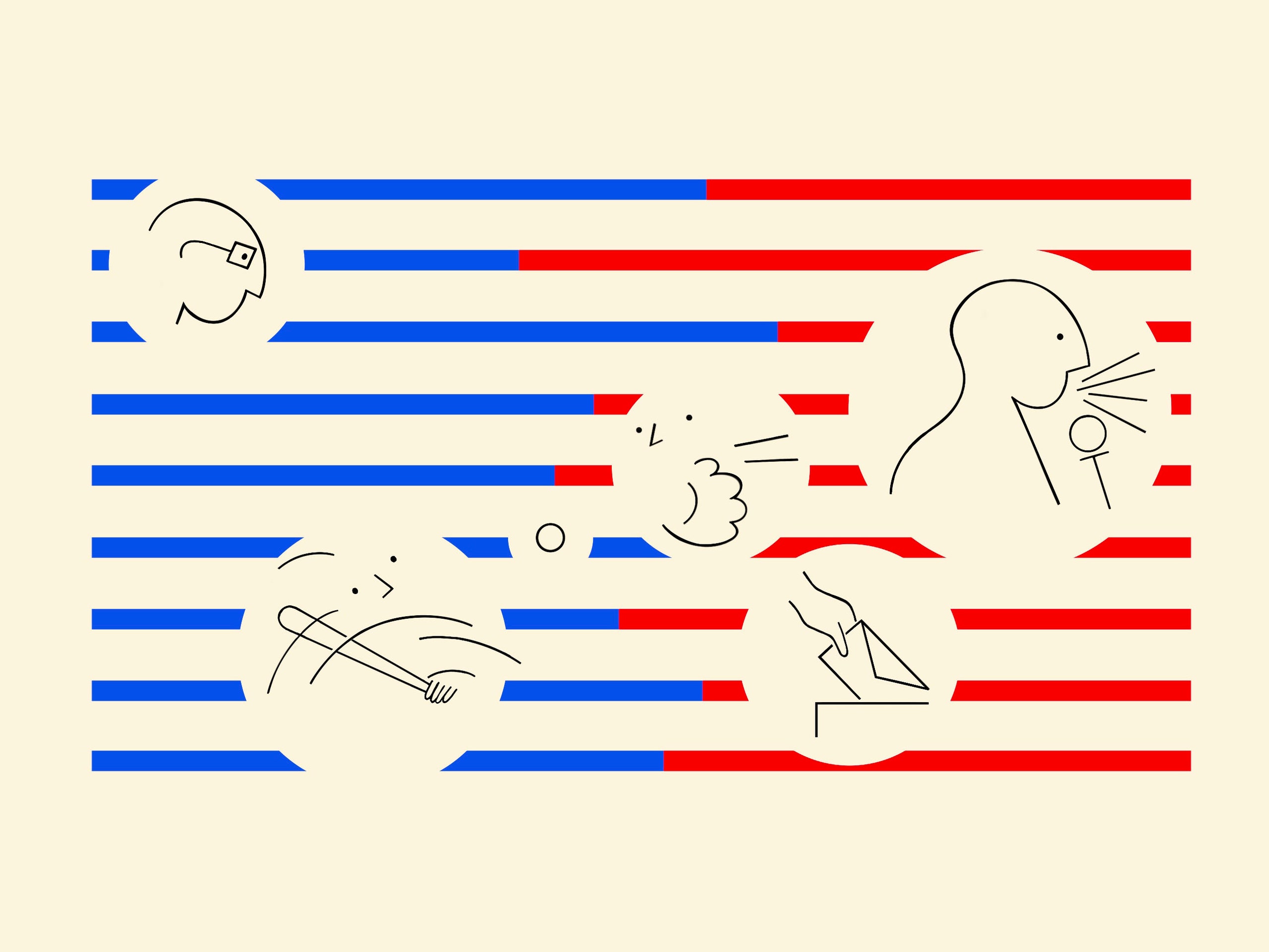 An illustration depicts blueandred lines with outlines of peoples heads interspersed.