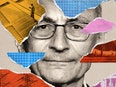Collage illustration of John Podesta with imagery of the White House, oil pipelines, electric transmission lines and solar panels.