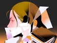 An illustration of a man and woman’s faces fractured with scattered academic papers.